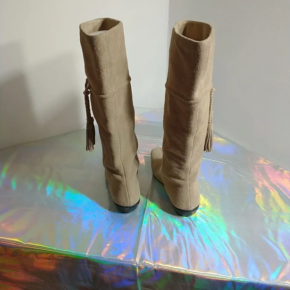 Cole Haan Womens SZ 5B Beige Suede Pull Up Mid Calf Boots.